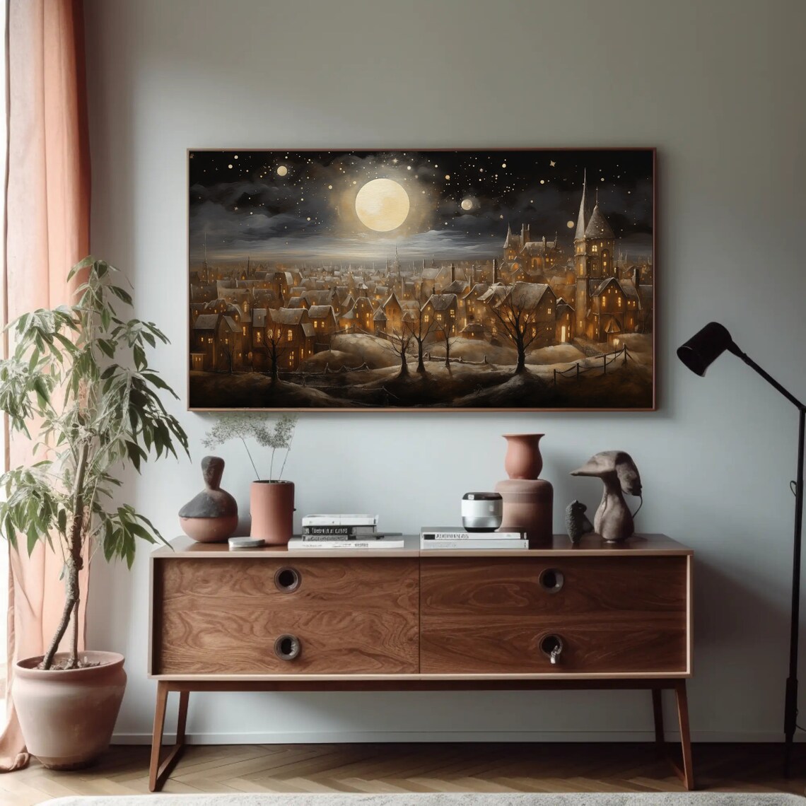 Christmas Eve Moonlit Town Panorama Winter Night Holiday Art Poster - Image 5