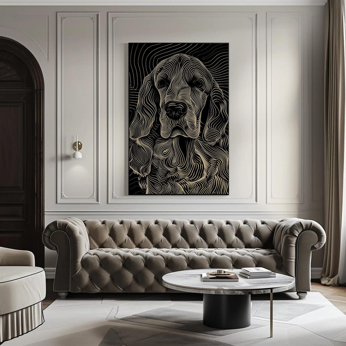 Gold Line Art Long Eared Dog Portrait Poster on Black Background - Image 5