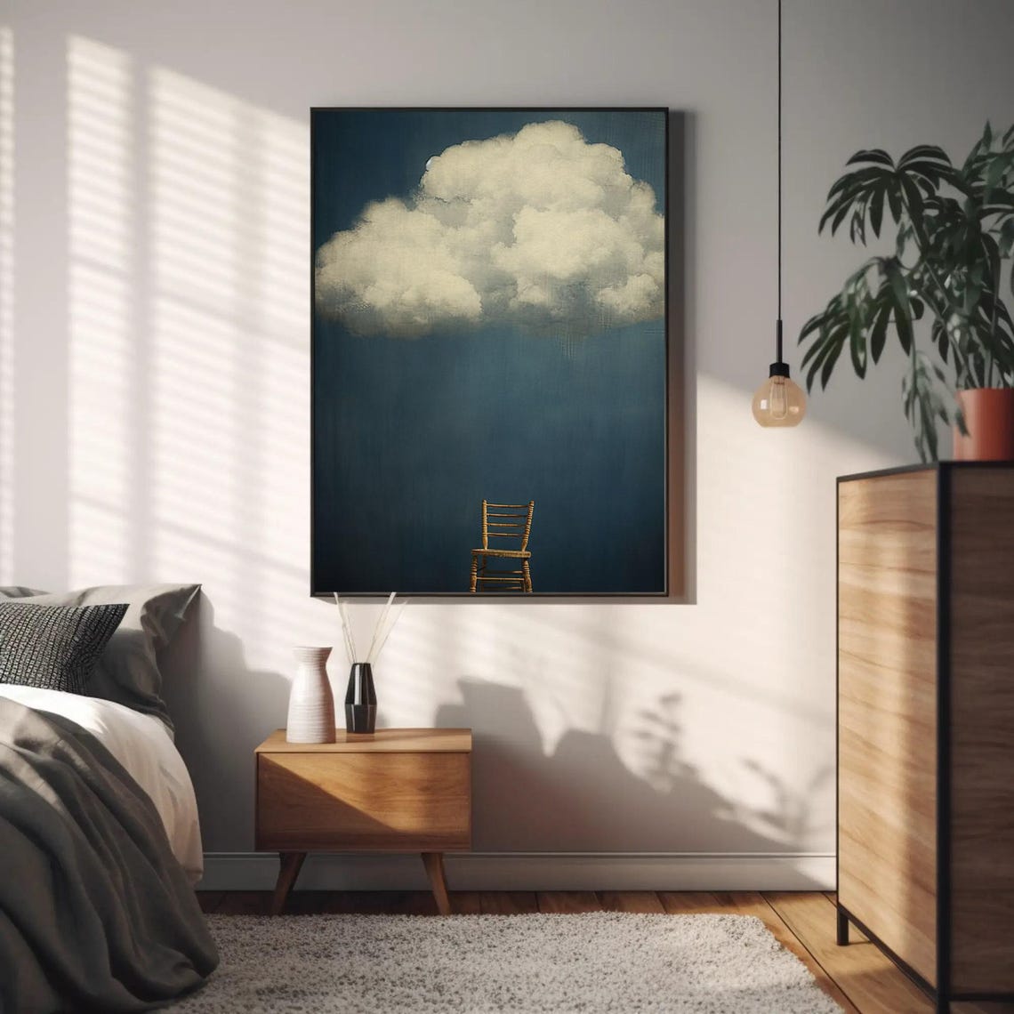 White Cloud Over A Chair Navy Blue Surreal Minimalist Poster - Image 3