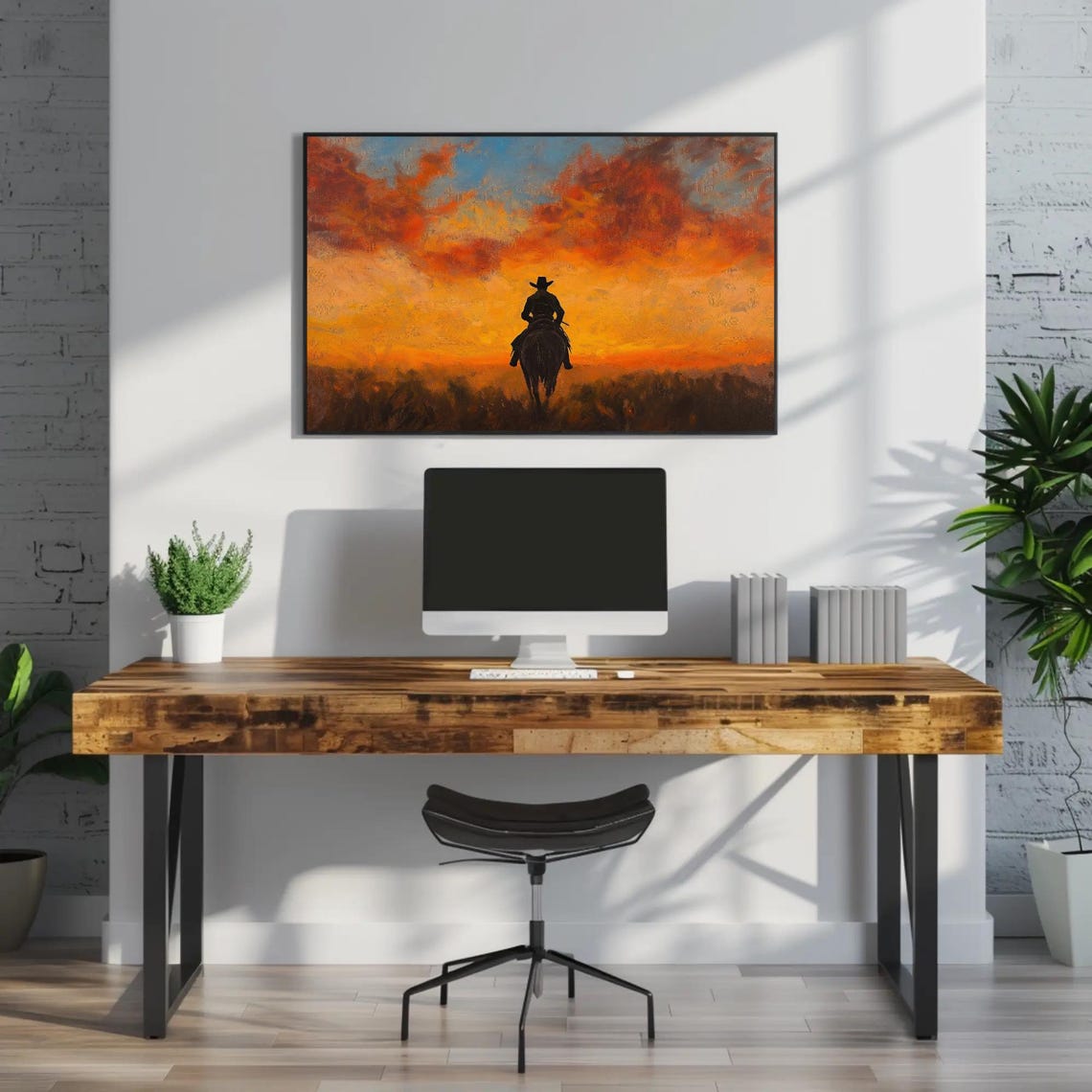 Lone Cowboy On Horseback Riding Into A Fiery Orange Sunset Poster - Image 3