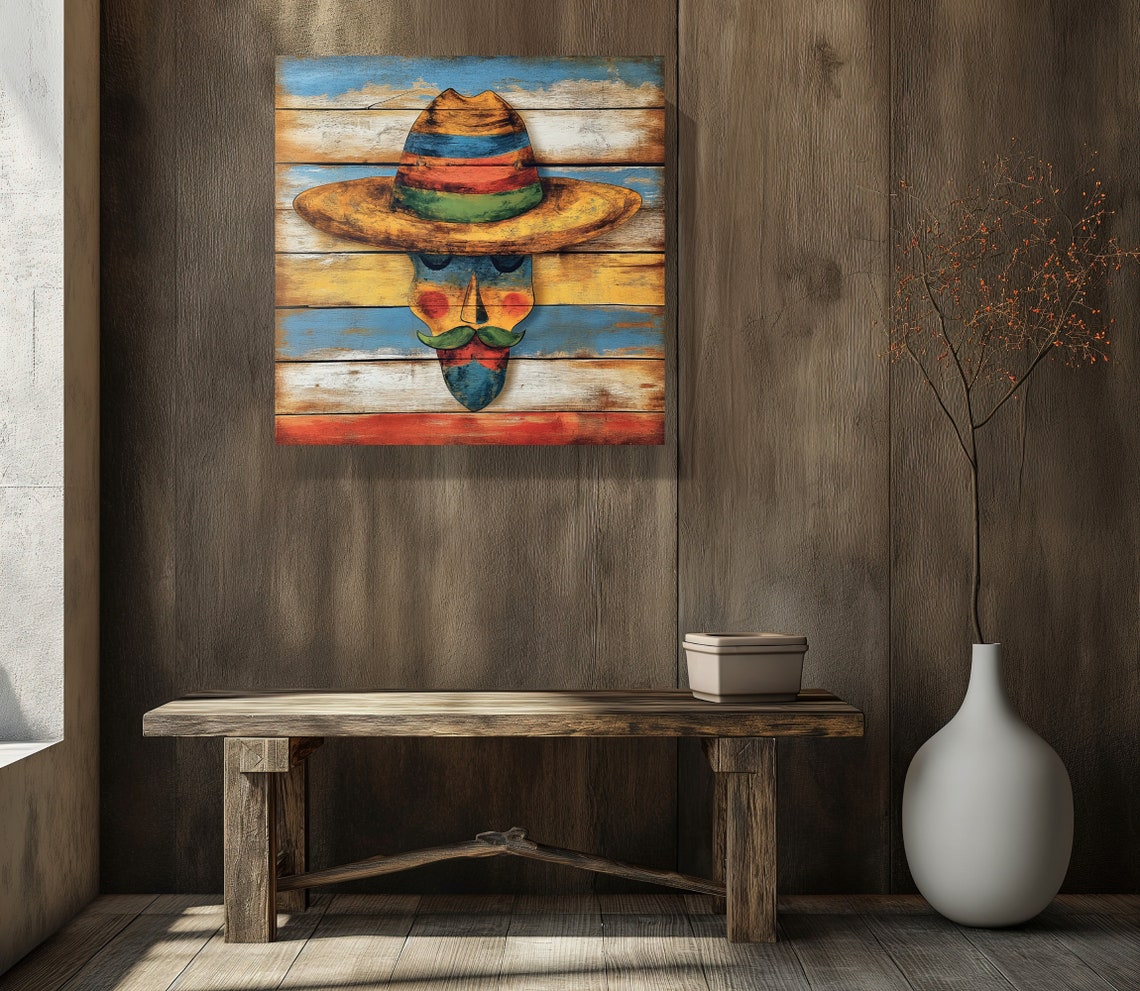 Mexican Folk Art Man with Striped Sombrero on Wood Wall Poster - Image 4