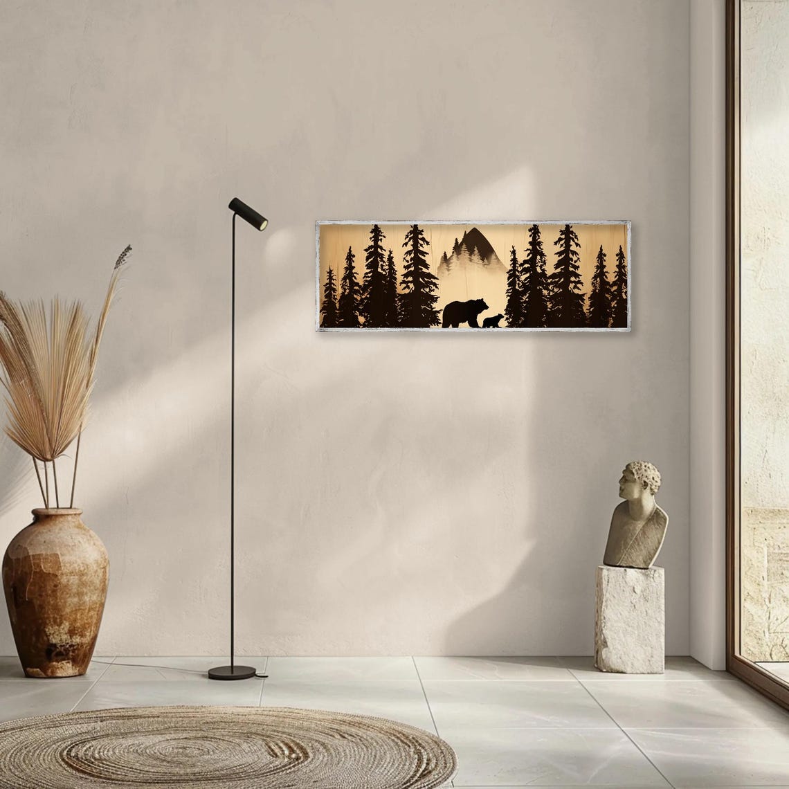 Bear And Cub Silhouette In Pine Forest Panoramic Mountain Poster - Image 3