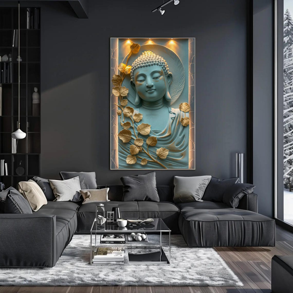 Serene Blue Buddha Bust Adorned With Golden Bodhi Leaves Poster - Image 4