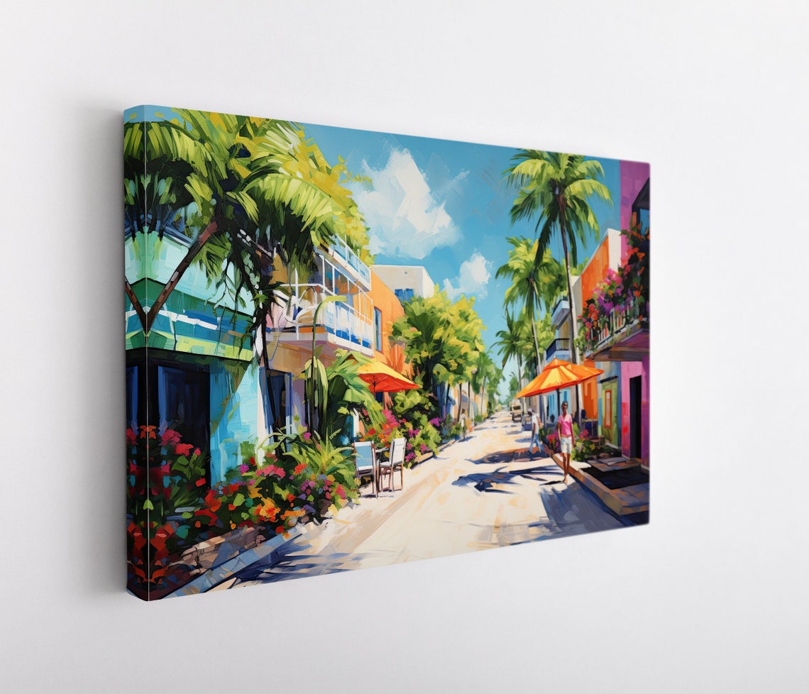 Vibrant Tropical Beach Town Street With Palm Trees Art Poster - Image 4
