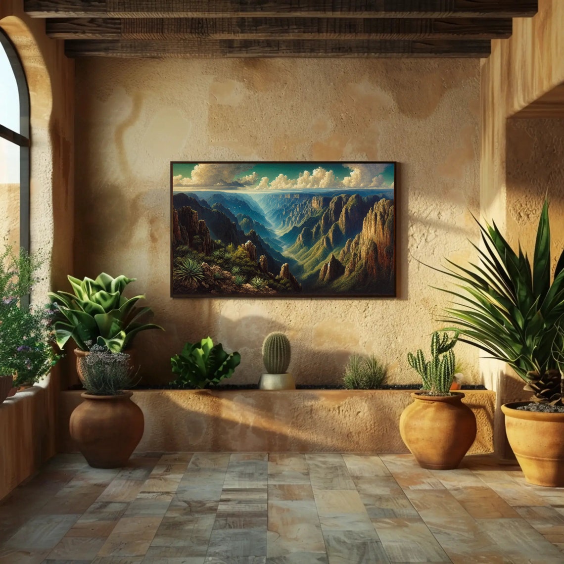 Vast Canyon Cliffs Under Dramatic Clouds Landscape Painting Poster - Image 2
