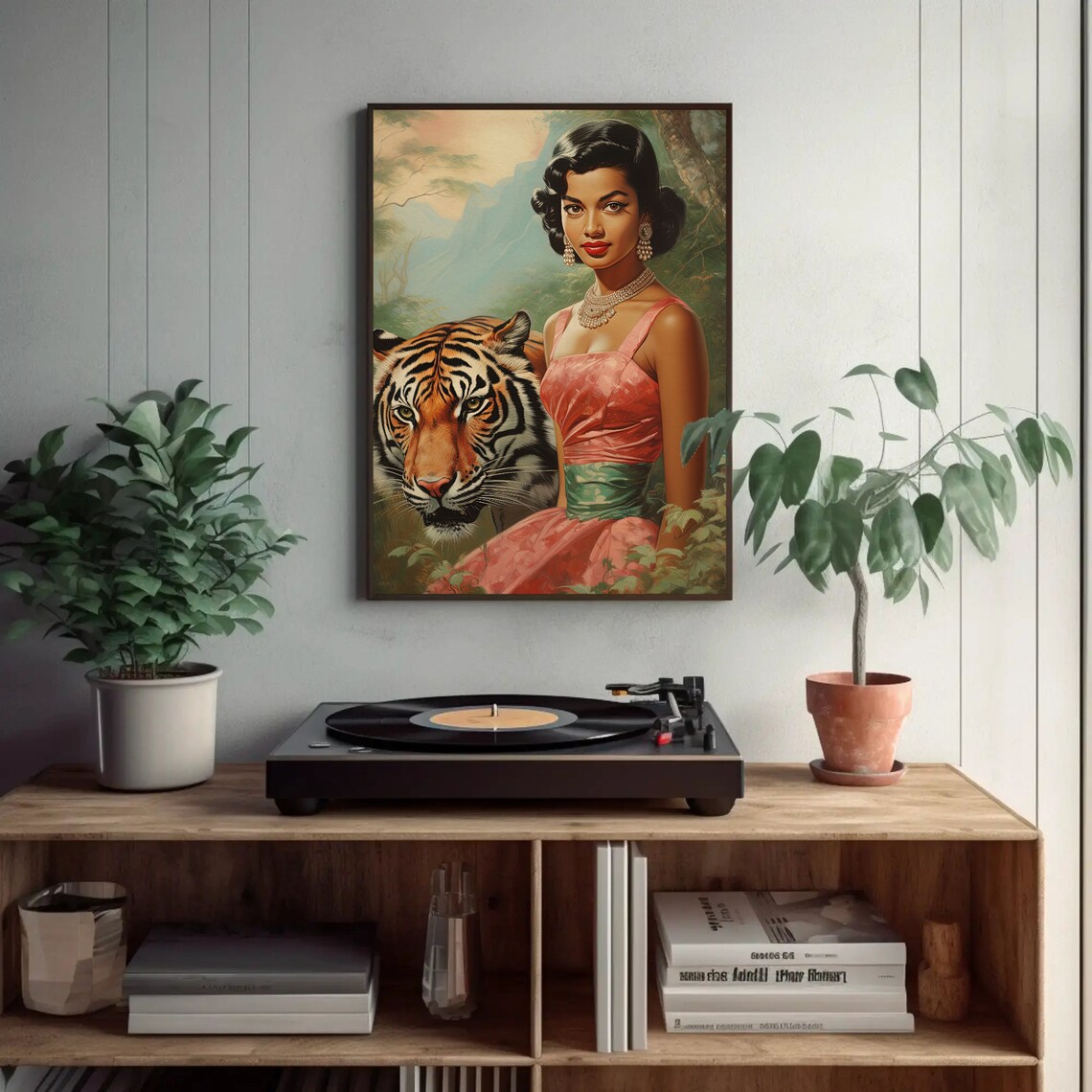 Vintage Indian Woman in Pink Dress Beside Jungle Tiger Poster - Image 2