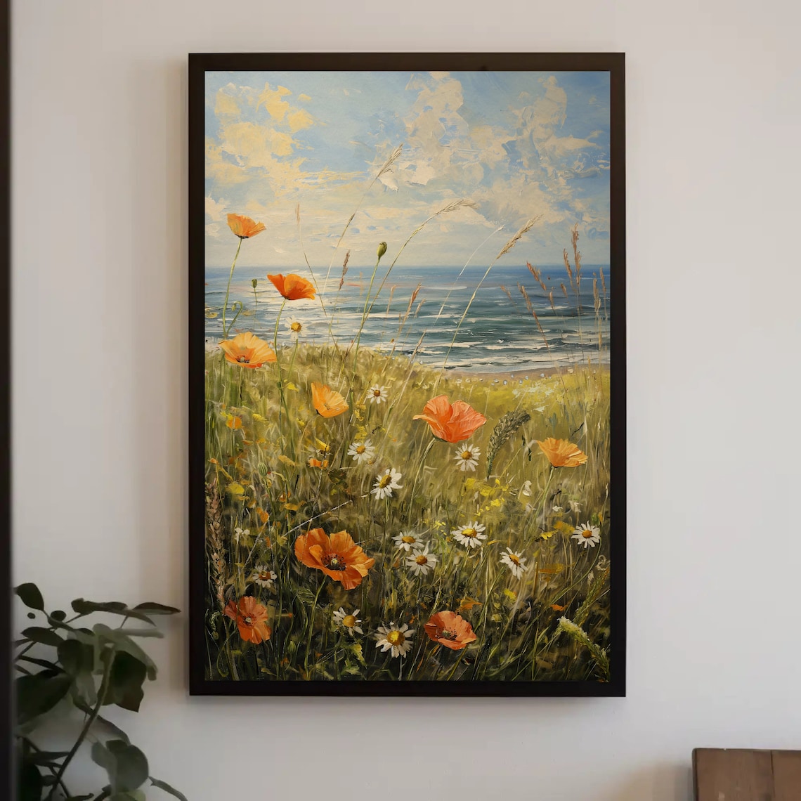 Orange Poppies And Daisies In Coastal Meadow By The Sea Art Poster