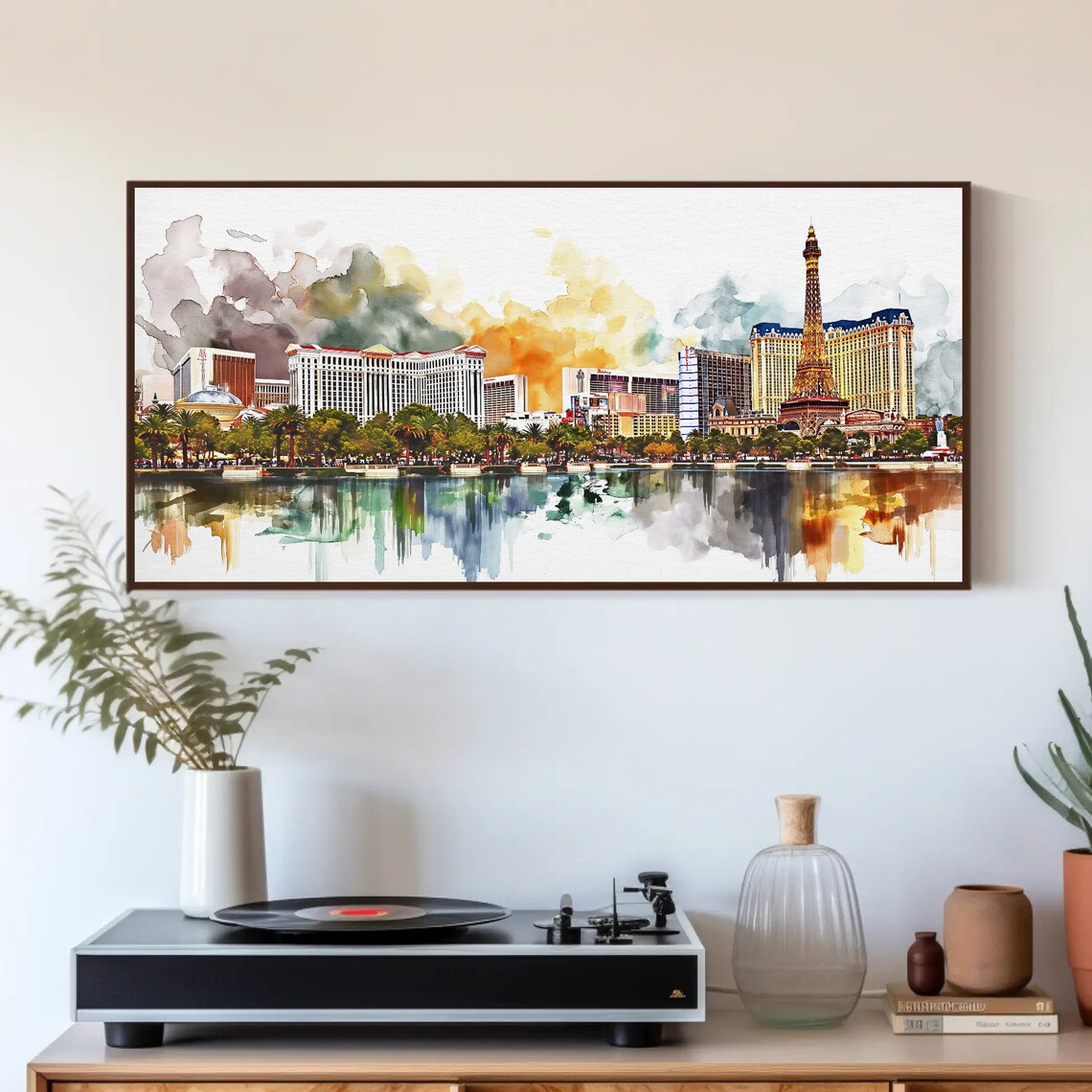 Las Vegas Strip Watercolor Skyline Night Fountain Reflection Poster