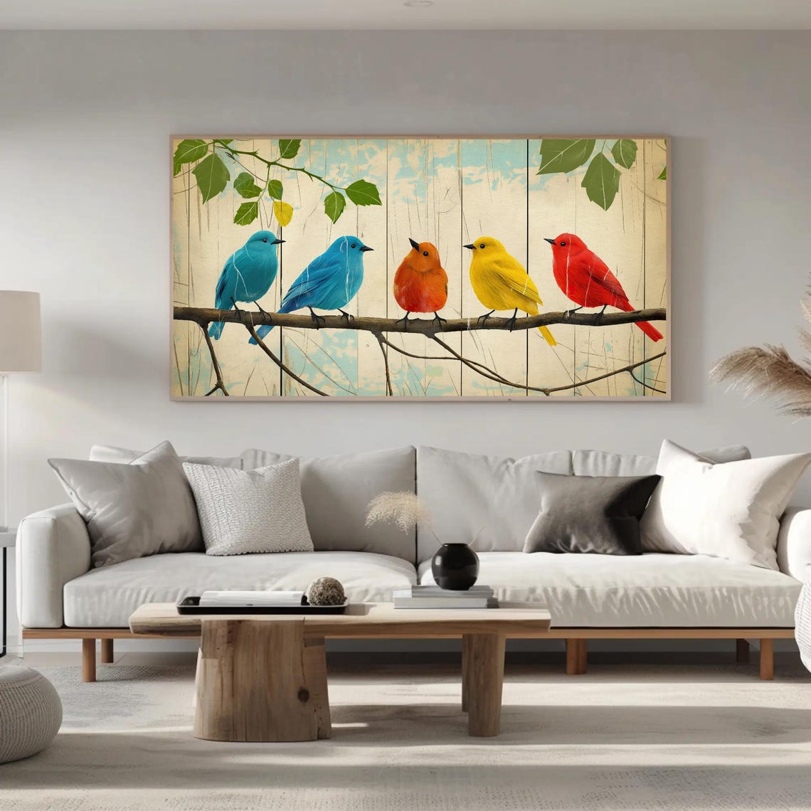 Five Colorful Birds On Branch Rustic Wood Background Art Poster - Image 3