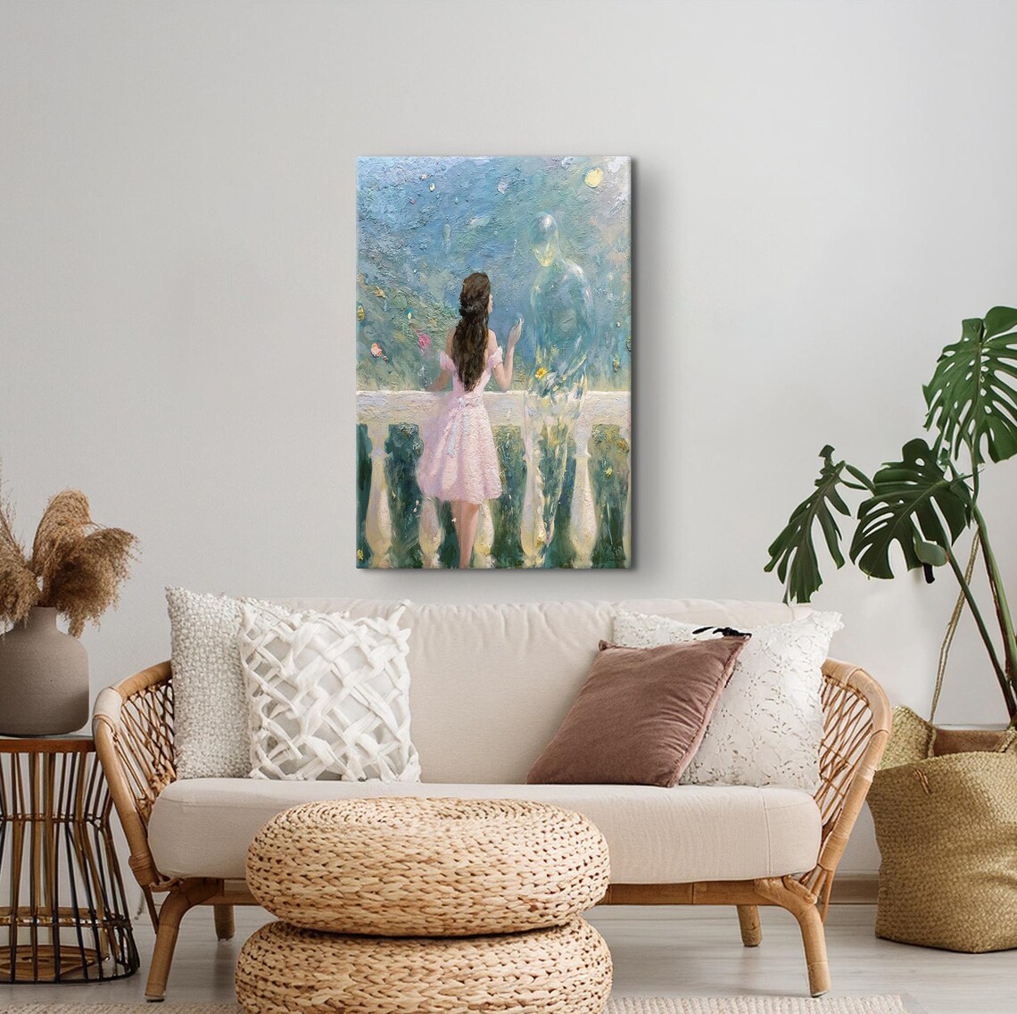 Young Woman Meeting a Ghostly Soulmate on a Balcony Art Poster - Image 3