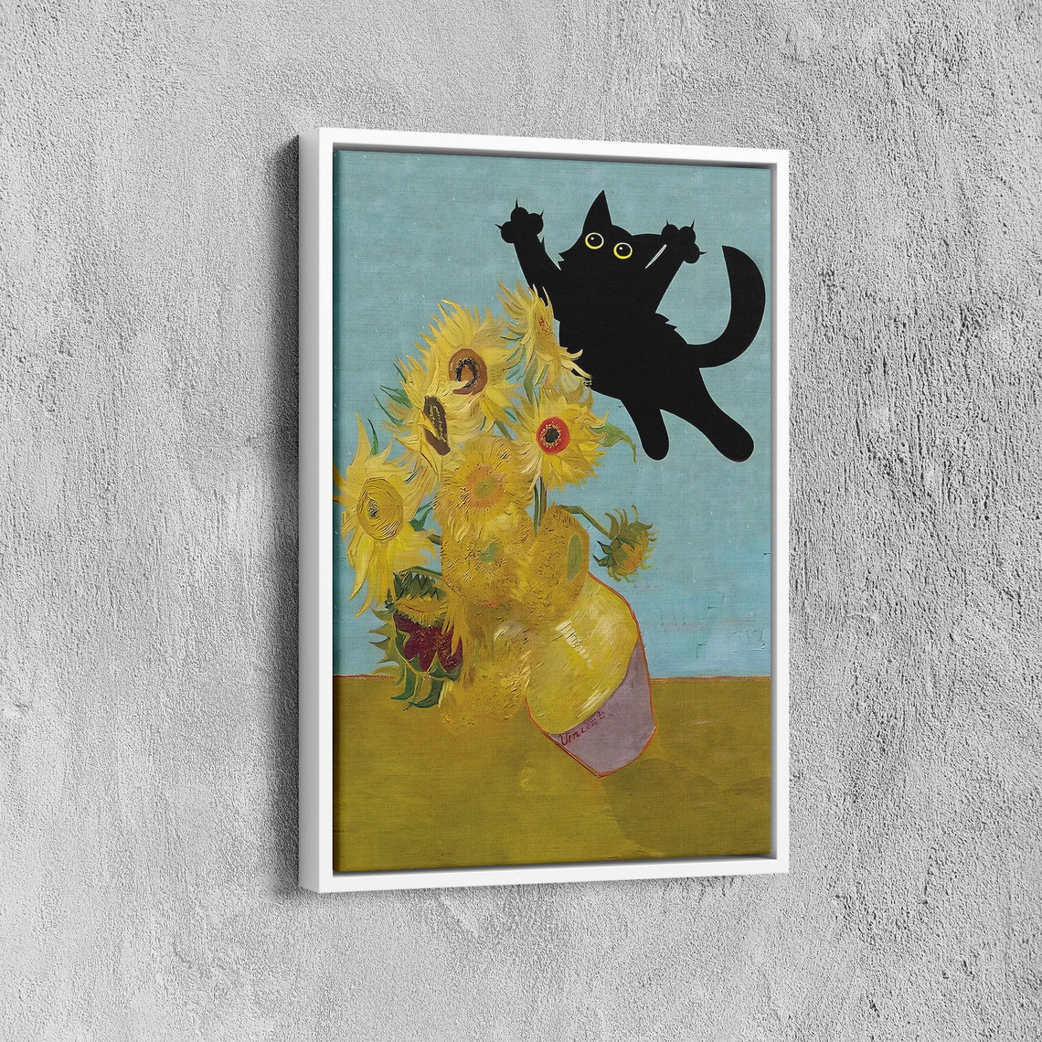 Van Gogh Sunflowers With Leaping Black Cat Funny Whimsical Poster - Image 6