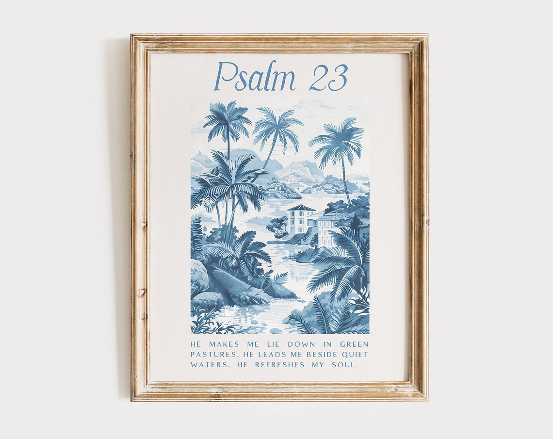 Psalm 23 Blue Toile Chinoiserie Palm Tree Scripture Wall Poster