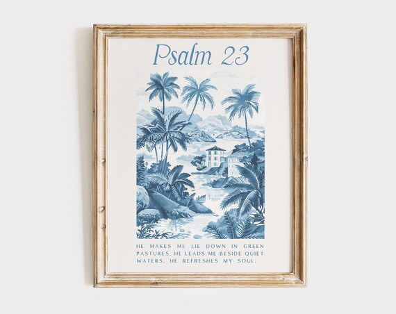 Psalm 23 Blue Toile Chinoiserie Palm Tree Scripture Wall Poster