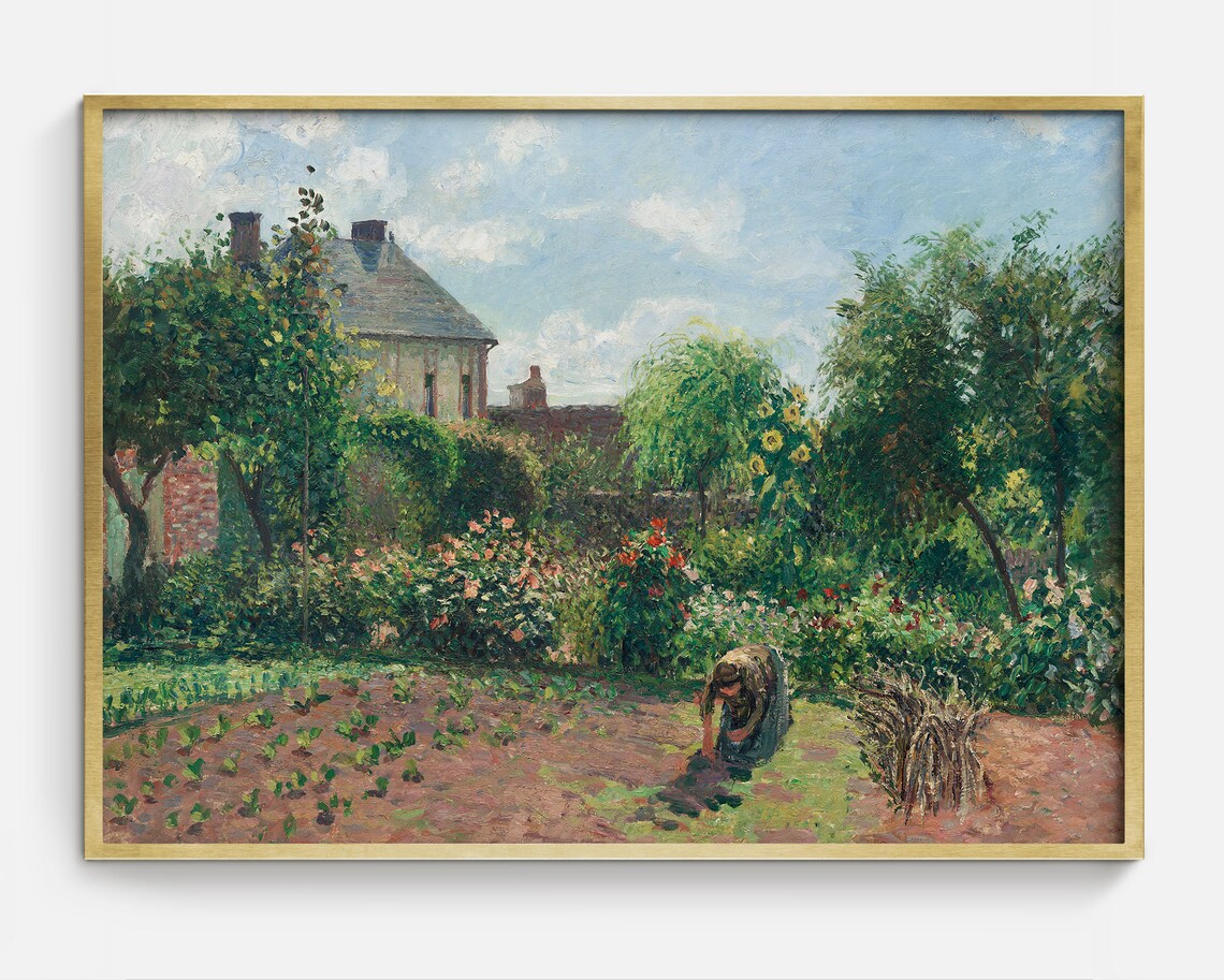Woman Tending Garden Behind House Vintage Spring Painting Poster