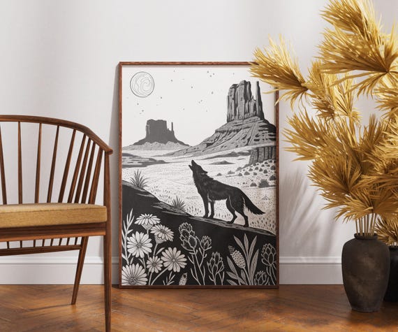 Howling Wolf Desert Art Print Black And White Canyon Landscape Poster Moonlit Southwest Decor Wild Nature Floral Illustration