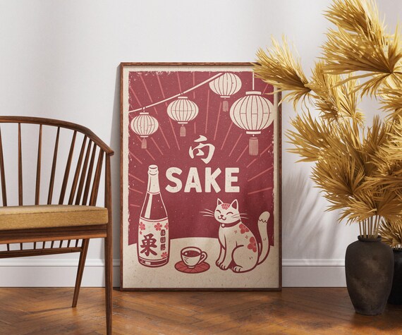Retro Red Sake Poster Lucky Cat Lanterns Vintage Japanese Bar Art