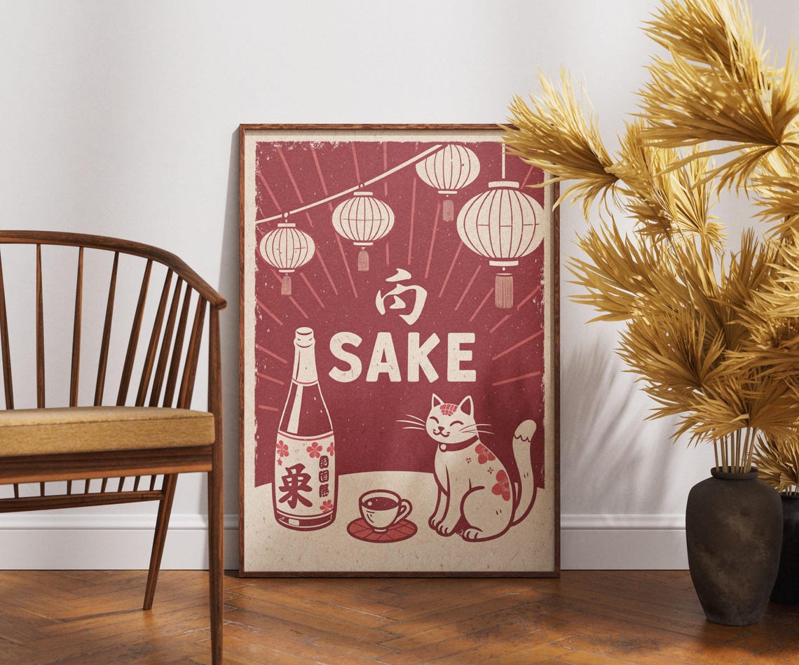 Retro Red Sake Poster Lucky Cat Lanterns Vintage Japanese Bar Art