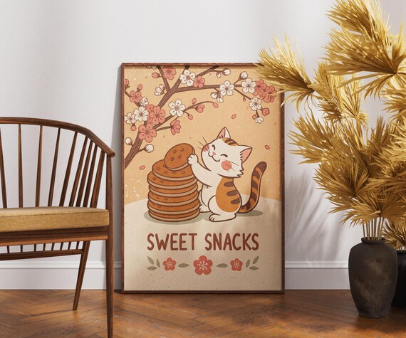 Sweet Snacks Pancake Stack Tabby Cat Cherry Blossom Art Poster
