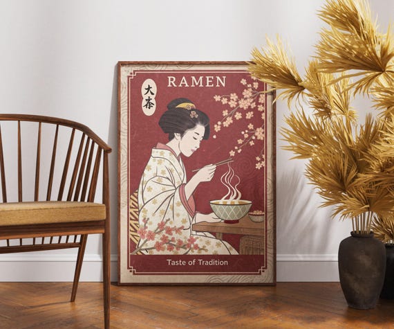 Japanese Ramen Poster Taste Of Tradition Wall Art Retro Food Print Elegant Cherry Blossom Decor Geisha Kitchen Artwork