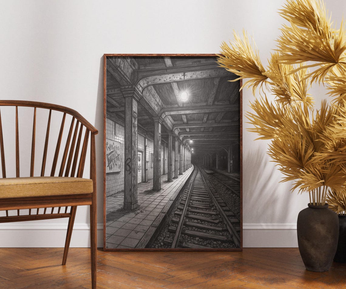Urban Subway Station Black and White Gritty Underground Tunnel Poster