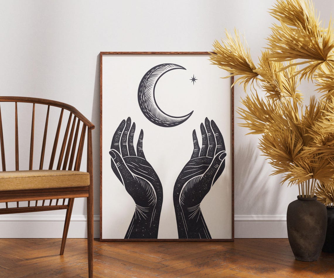 Celestial Hands Moon Art Print Mystical Black And White Wall Decor Cosmic Spiritual Poster Boho Lunar Phase Illustration