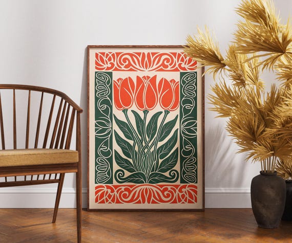 Vintage Ruby Tulips Poster Linocut Ornate Floral Art Retro Botanical Wall Decor Boho Flower Illustration Elegant Nature Print