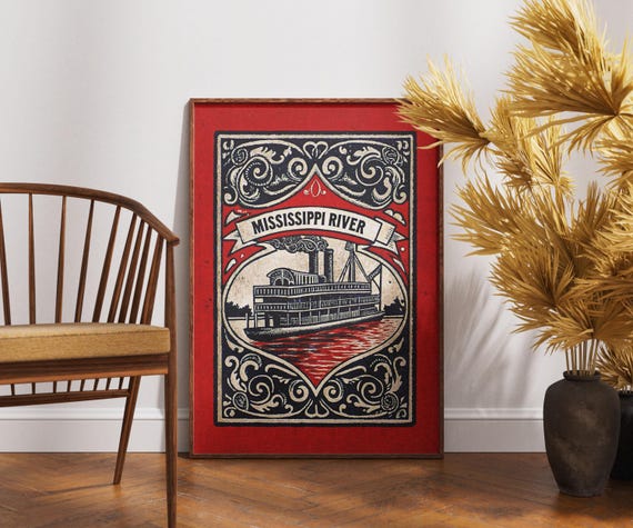 Vintage Mississippi River Poster Steamboat Matchbox Art Retro Americana Print Antique Riverboat Illustration Southern Nostalgia Decor