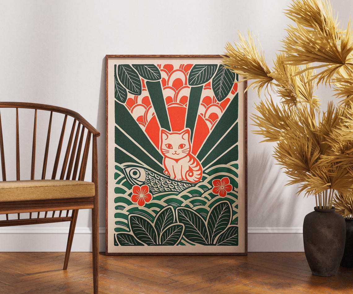 Koinobori Kitten Poster Vintage Japanese Carp Streamer Festival Art