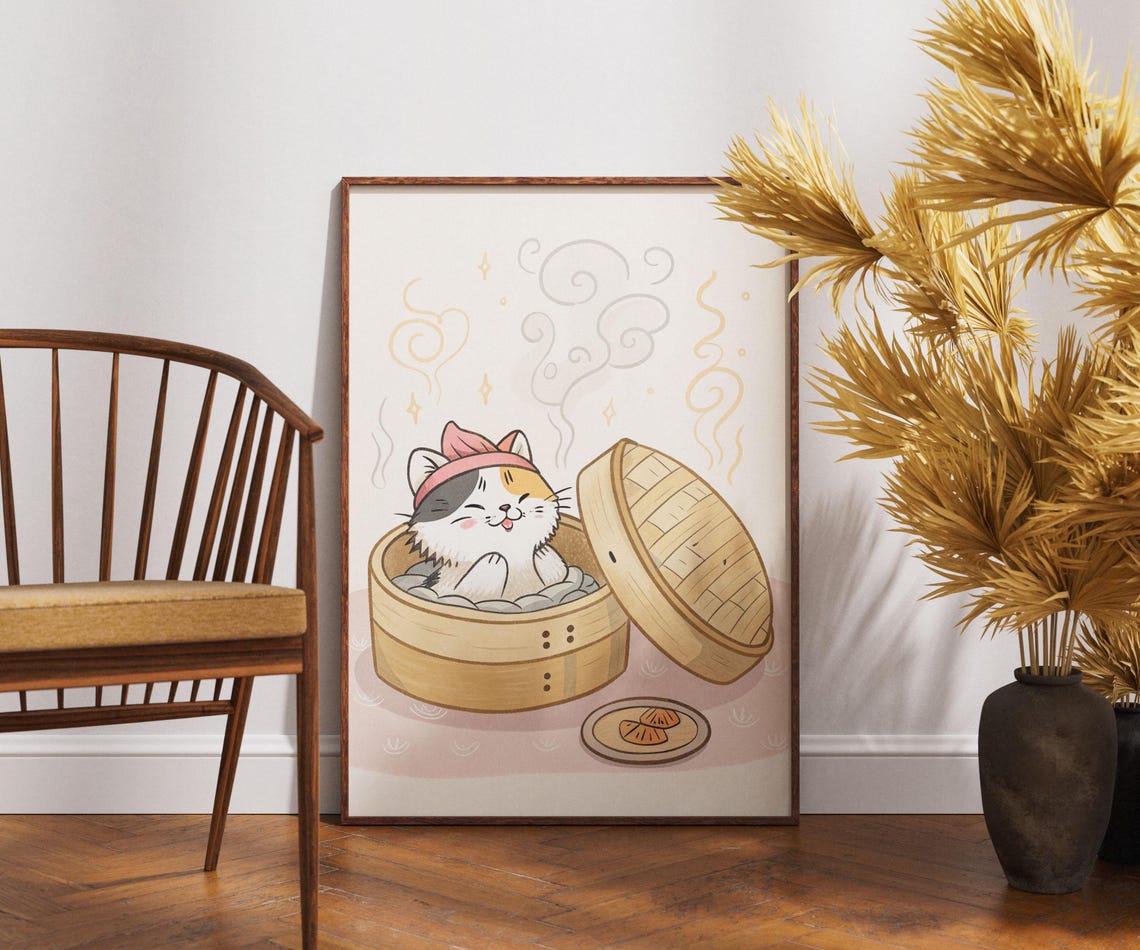 Cute Calico Cat In Bamboo Steamer Kawaii Kitchen Foodie Decor Poster