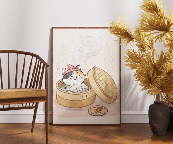 Calico Cat In Bamboo Steamer Art Funny Kawaii Kitchen Decor Cute Foodie Print Japandi Humor Poster Minimalist Cozy Wall