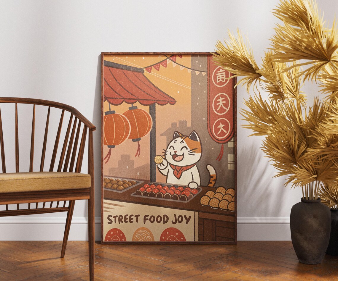 Street Food Joy Happy Cat Stall Takoyaki Lanterns Japanese Art Poster
