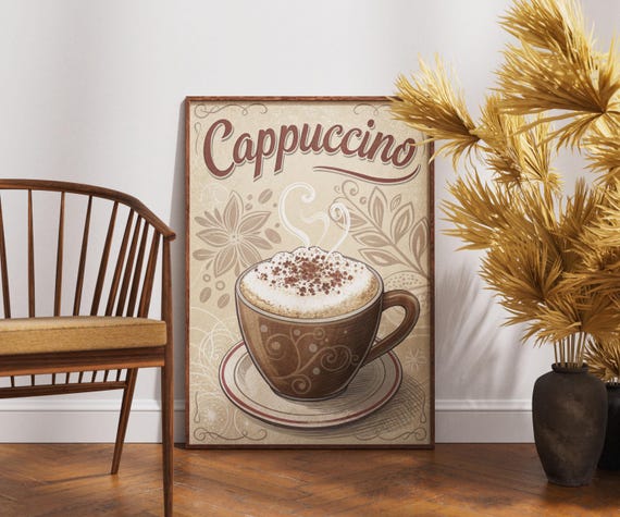 Vintage Cappuccino Poster Retro Italian Coffee Wall Art Classic Cafe Decor Kitchen Print Lover Gift Elegant Artwork