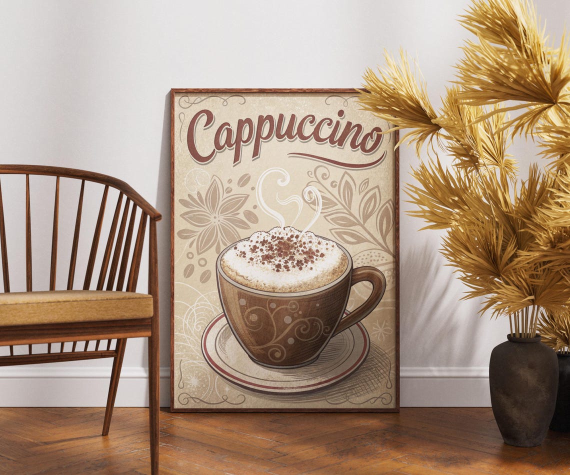 Vintage Cappuccino Coffee Poster Italian Frothy Cup Retro Cafe Art