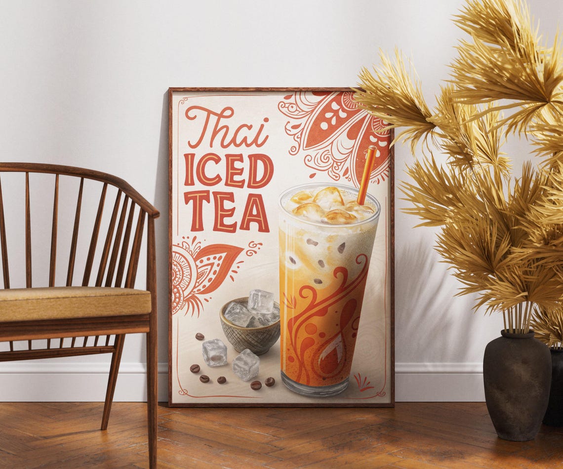 Vintage Thai Iced Tea Poster Orange Creamy Drink Retro Cafe Art