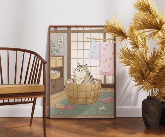 Cozy Tabby Cat Laundry Tub Poster Japanese Bathroom Cute Kawaii Art