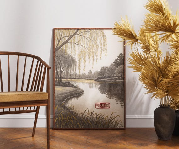 Willow Tree By The Lake Wall Art Japanese Landscape Poster Wabi Sabi Nature Print Kintsugi Inspired Tranquil Decor Zen Style Artwork