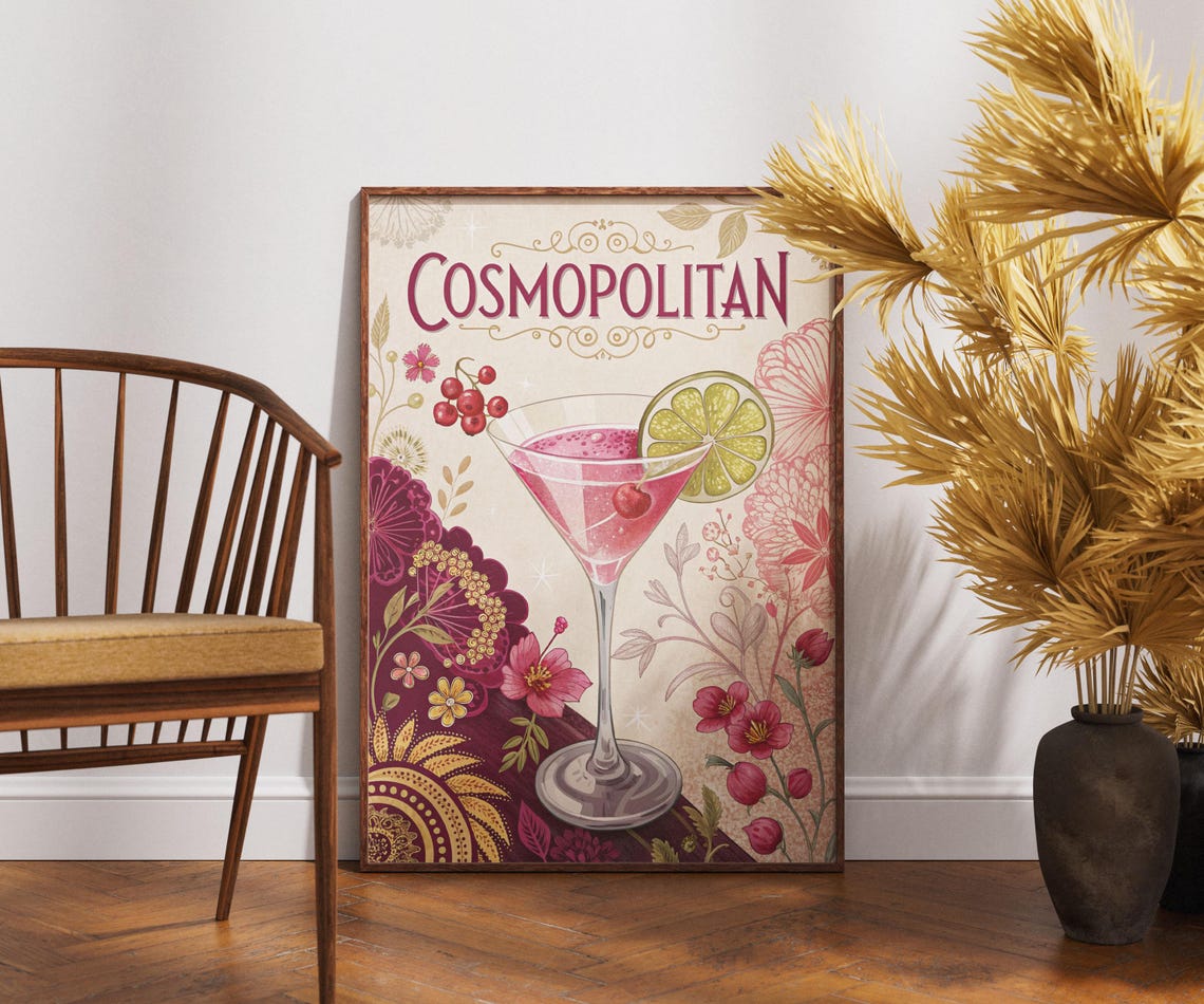 Vintage Cosmopolitan Cocktail Floral Retro Pink Bar Chic Drink Poster