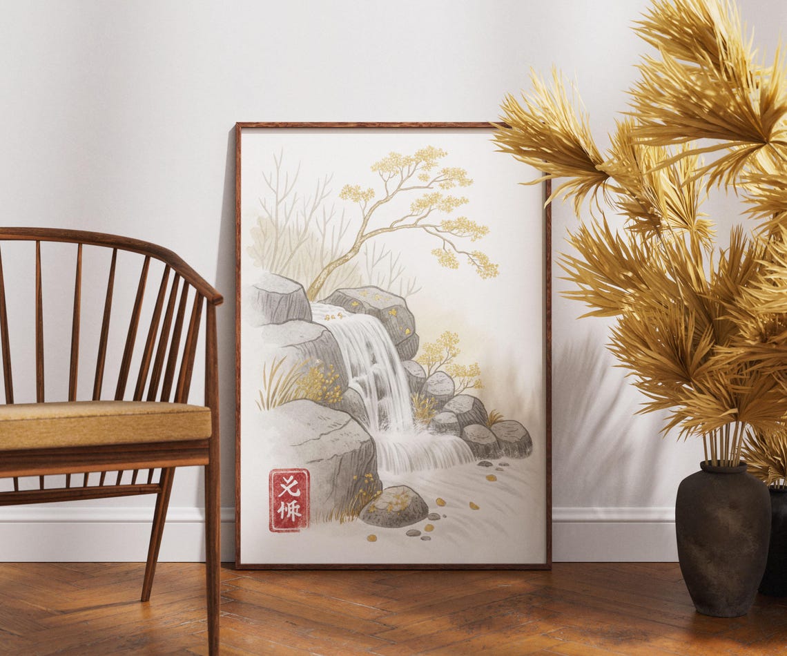 Japanese Waterfall Art Print Tranquil Rock And Stream Illustration With Golden Tones Peaceful Zen Nature Decor Minimal Landscape