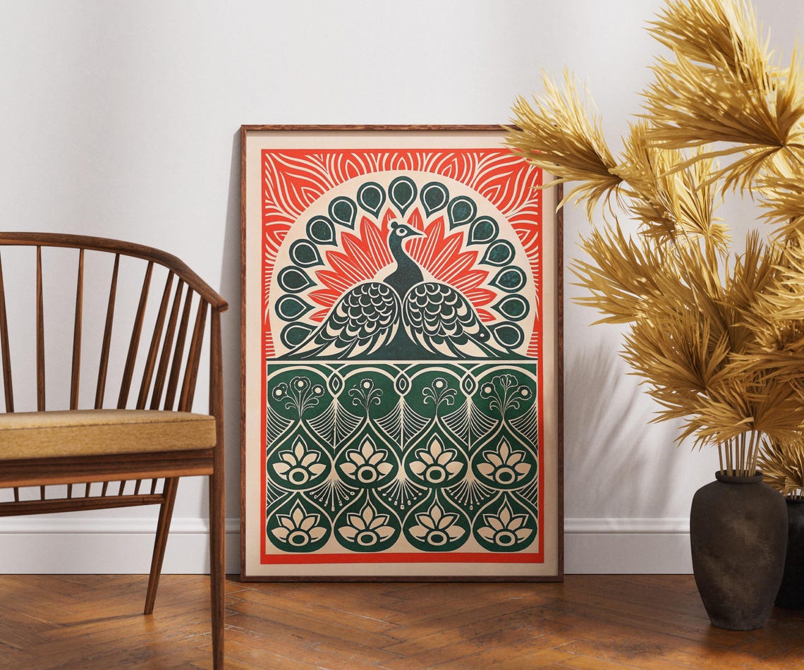 Vintage Peacock Poster Linocut Regal Ornament Art Retro Bird Wall Decor Boho Nature Illustration Elegant Botanical Print Unique Gift