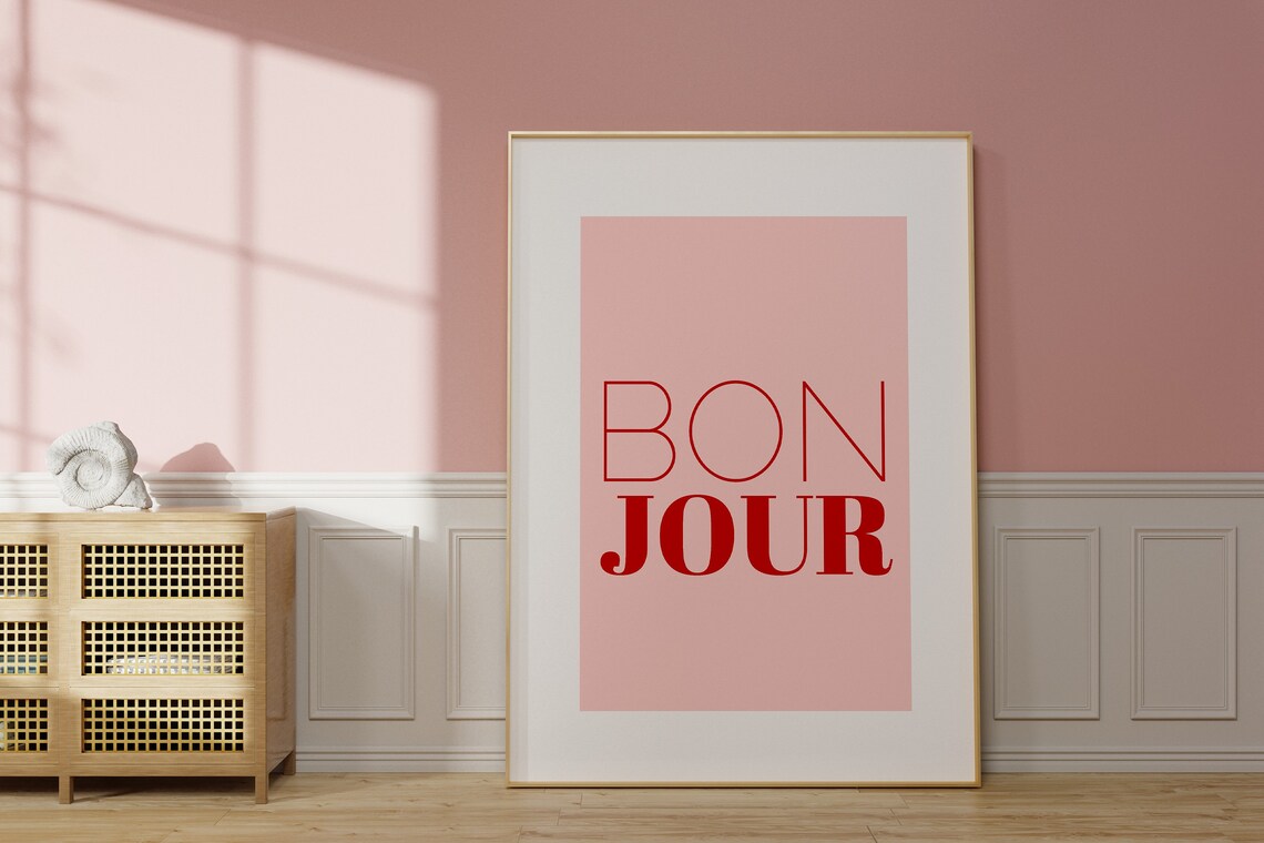 Bonjour French Greeting Quote Bold Red Pink Typography Poster