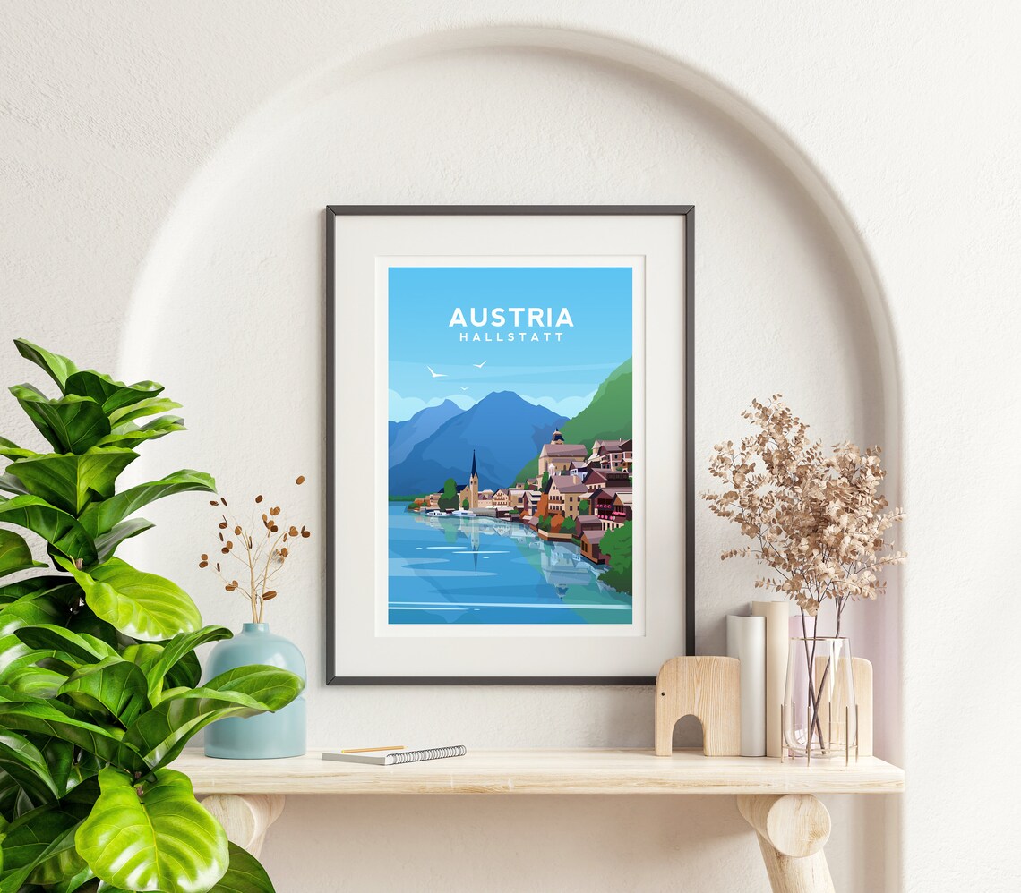 Hallstatt Travel Poster, Austrian Lake Landscape