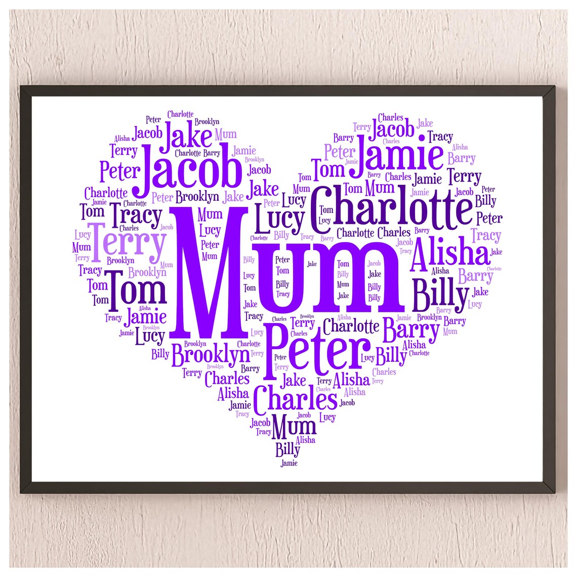 Personalised Wall Art Print Heart Word Cloud Design Family Gift Home Decor Wall Decor