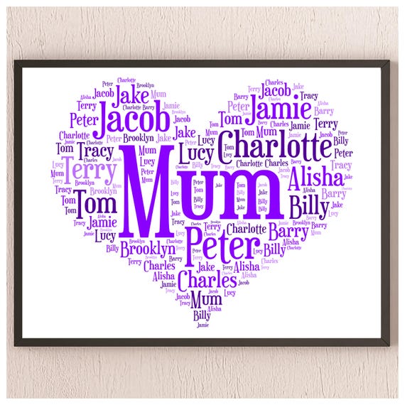 Personalised Wall Art Print Heart Word Cloud Design Family Gift Home Decor Wall Decor