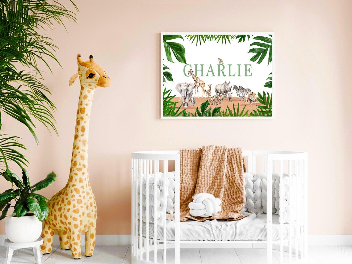 Personalised Safari Animals Name Nursery Decor Gift Wall Art - Image 2