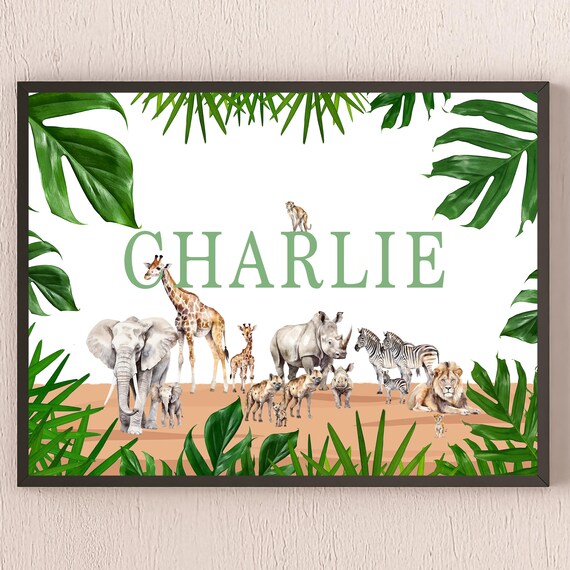 Personalised Safari Animals Name Nursery Decor Gift Wall Art