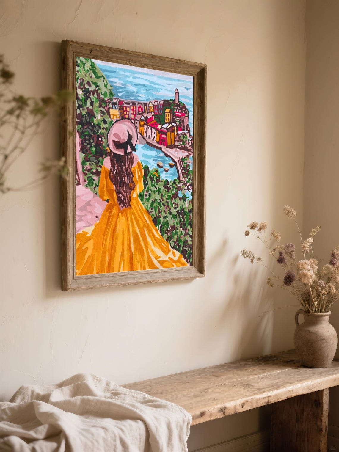 Girl In Golden Dress Overlooking Coastal Town Painting Poster