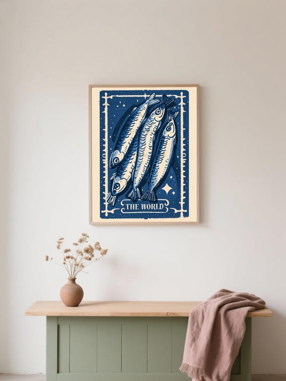 Sardines Tarot Card Art Print Celestial Sea Life Vintage Nautical Wall