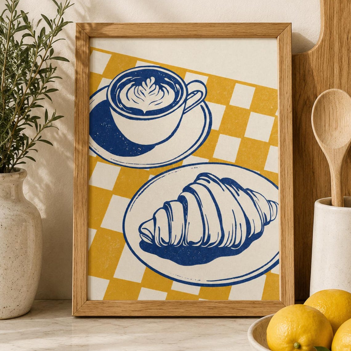 French Cafe Latte Art Croissant Retro Bistro Kitchen Breakfast Poster