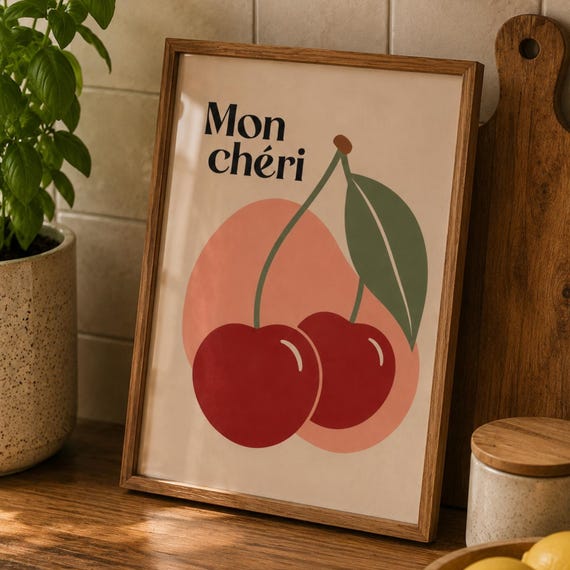 Cherry Wall Art Print French Kitchen Decor Mon Chri Poster Mid Century Modern Fruit Minimalist Botanical