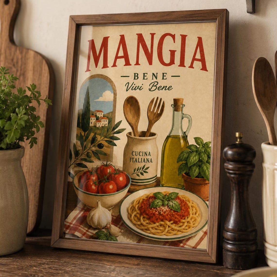 Mangia Bene Italian Kitchen Poster Pasta Tomato Vintage Food Art